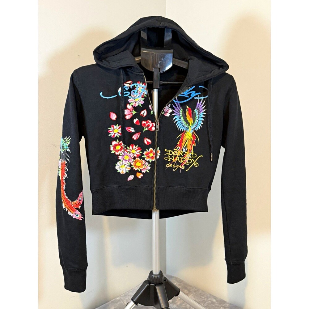 Ed Hardy Women’s Black Full Zip Hoodie Floral Bird Graphic Print Long Sleeve L